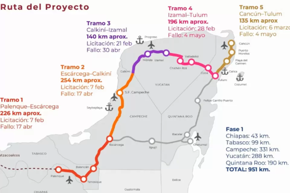 A map of the under-construction Tren Maya that passes through several locations on Mexico's Yucatan Peninsula.